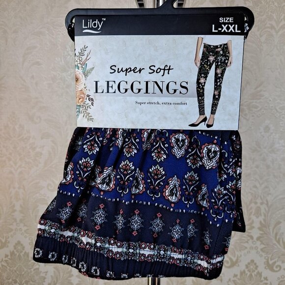 Lildy Size Large-XXL Super Soft Leggings Navy Blue/Pink/White NWT - Picture 1 of 5